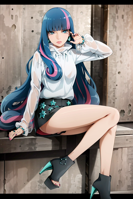 ((best quality)), ((highly detailed)), masterpiece, ((official art)), detailed face, beautiful face, (detailed eyes:1.3, deep eyes), (eida), long hair, looking at viewer, bangs, blue eyes, shirt, long sleeves, jewelry, very long hair, blue hair, full body, (sitting),white shirt, pink hair, multicolored hair, earrings, boots, shorts, blunt bangs, star (symbol), nail polish, black footwear,  high heels, streaked hair,  black shorts, border, ring, high heel boots,dynamic pose, dynamic angle, fashion,best quality, masterpiece, intricate details, tonemapping, sharp focus, hyper detailed, trending on Artstation,1 girl, solo,best quality, masterpiece, intricate details, tonemapping, sharp focus, hyper detailed, trending on Artstation,1 girl, solo