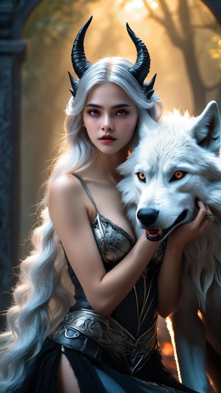 In an incredibly amazing image of exceptional artistry, captured in 8k ultra-high-definition, the scene is poised to stir deep emotions. At its center is a 19-year-old girl with striking silver hair, embodying a true demoness, complete with iconic sharp black horns indicative of her infernal lineage. Her hands are captured with an artistic precision that highlights their beauty, each line and curve contributing to her seductive aura. Her pose is the epitome of seduction, a captivating allure frozen in time. Alongside her, ensure the presence of a mysterious giant wolf, its figure both majestic and integral to the composition. The two are immersed in a vibrant fantasy setting, radiating joy and illuminated by a soft yet brilliant natural light. This photograph is a masterful convergence of fantasy and reality, where every element, from the demon girl to her giant wolf companion, is rendered with a vivid clarity to mesmerize all who view it. This image redefines ultra-high-definition, each pixel a testament to pinnacle digital artistry. cute outfit.