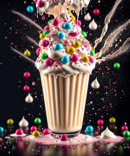 Exploding milk shakes, food splatter and icing, 8 k, photorealistic, intricate, elegant, hypermaximalist