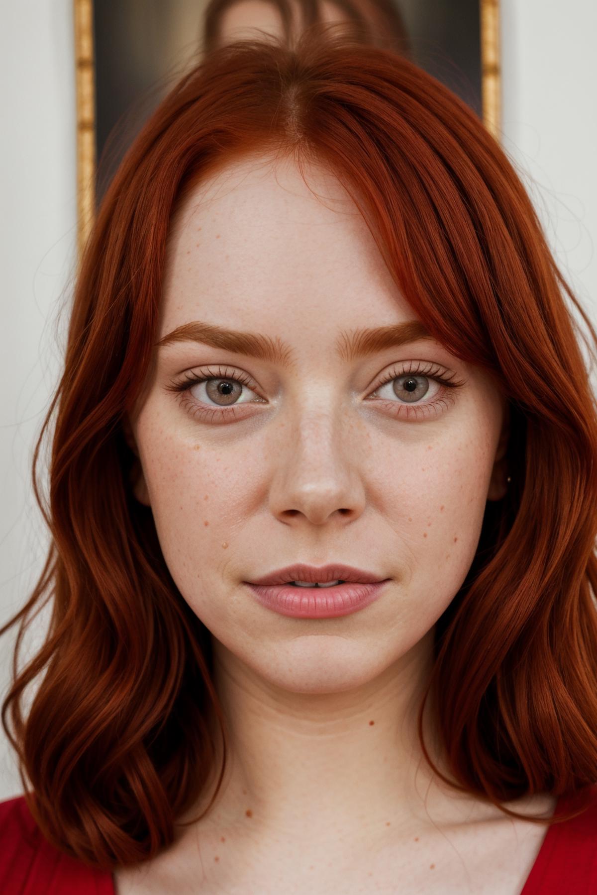 A close-up shot of a woman with red hair and green eyes.