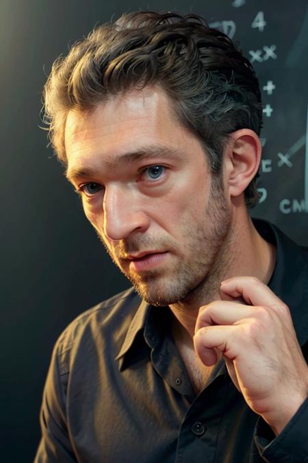 a man teaching a class in front of a chalkboard <lora:v1nc3c4ss3l:1>, button up shirt, chalkboard full of math notation, 8K, UHD, [candid, amateur], cinematic lighting, upper body, highly detailed face, professor, close up