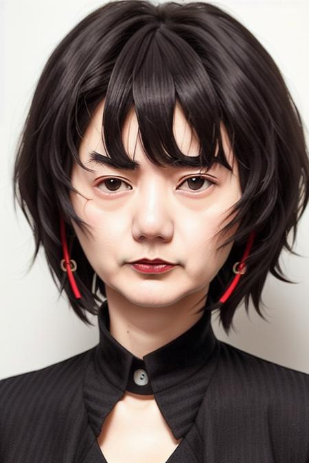 2d (anime drawing) of (baedoona-4000) woman, age 40, pastel colors, (black bob cut), (red lips), modelshoot style, dramatic high contrast