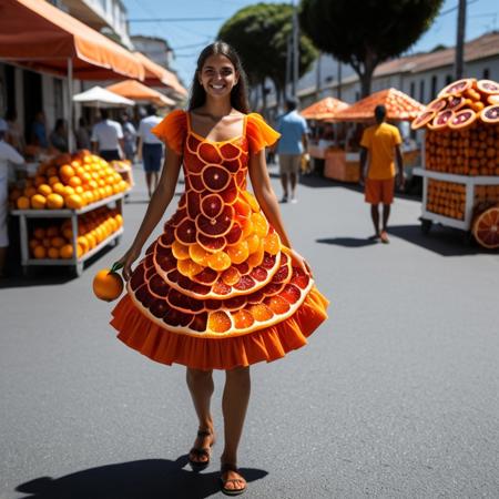 Brazilian girl, selling orange fruit in streets, wearing orange sliced shaped dress, <lora:blood_orange_world_morph_sdxl:1> , sunny day, people walking, vendor stand, blood orange style