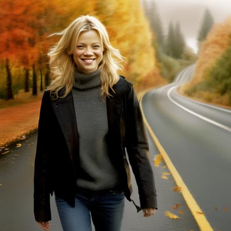 a semi close up photo of amysmart a beautiful happy woman, 30 years old, blonde flowing hair, wearing jeans and heels, with a black coat, in the  middle of the road, wet, reflections, fall, fall colors, leaving flying in the wind (high detailed skin:1), 8k uhd, dslr, soft lighting, high quality, film grain, Fujifilm XT3