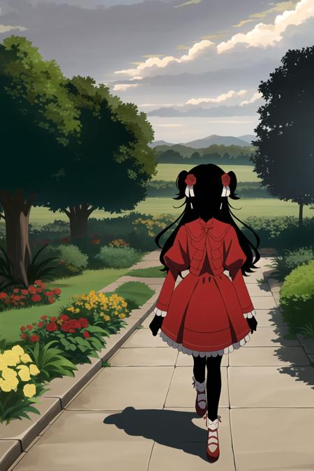 1girl, masterpice, high quality, high detailed, (solo), frilled dress, hair ribbon, ((black skin)), hair flower, black hair, long hair, red dress, kate, red sleeves, <lora:kate-08:0.7>, garden, roses, walking, ((black face)), (((cloudy sky, )))