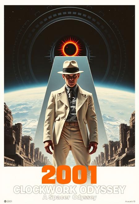 Design a bold and surreal movie poster for 2001: CLOCKWORK ODYSSEY, blending the dystopian, rebellious world of A Clockwork Orange with the futuristic, cosmic journey of 2001: A Space Odyssey. In the foreground, depict Alex, the protagonist of A Clockwork Orange, in his iconic white outfit, bowler hat, and single eyelash, standing in a menacing pose. Behind him, the vast, cold expanse of space is visible, with a massive HAL 9000 eye watching over, glowing red in the darkness. Incorporate Kubrick’s signature geometric designs, such as the monolith and stark circular spaceship interiors, mixed with the gritty urban decay from Clockwork Orange. Use a striking color palette that contrasts the warm oranges and deep shadows of Clockwork Orange with the clean whites and cold blues of 2001. Title the movie 2001: CLOCKWORK ODYSSEY in a fusion of both films’ typographic styles, bold and cinematic.