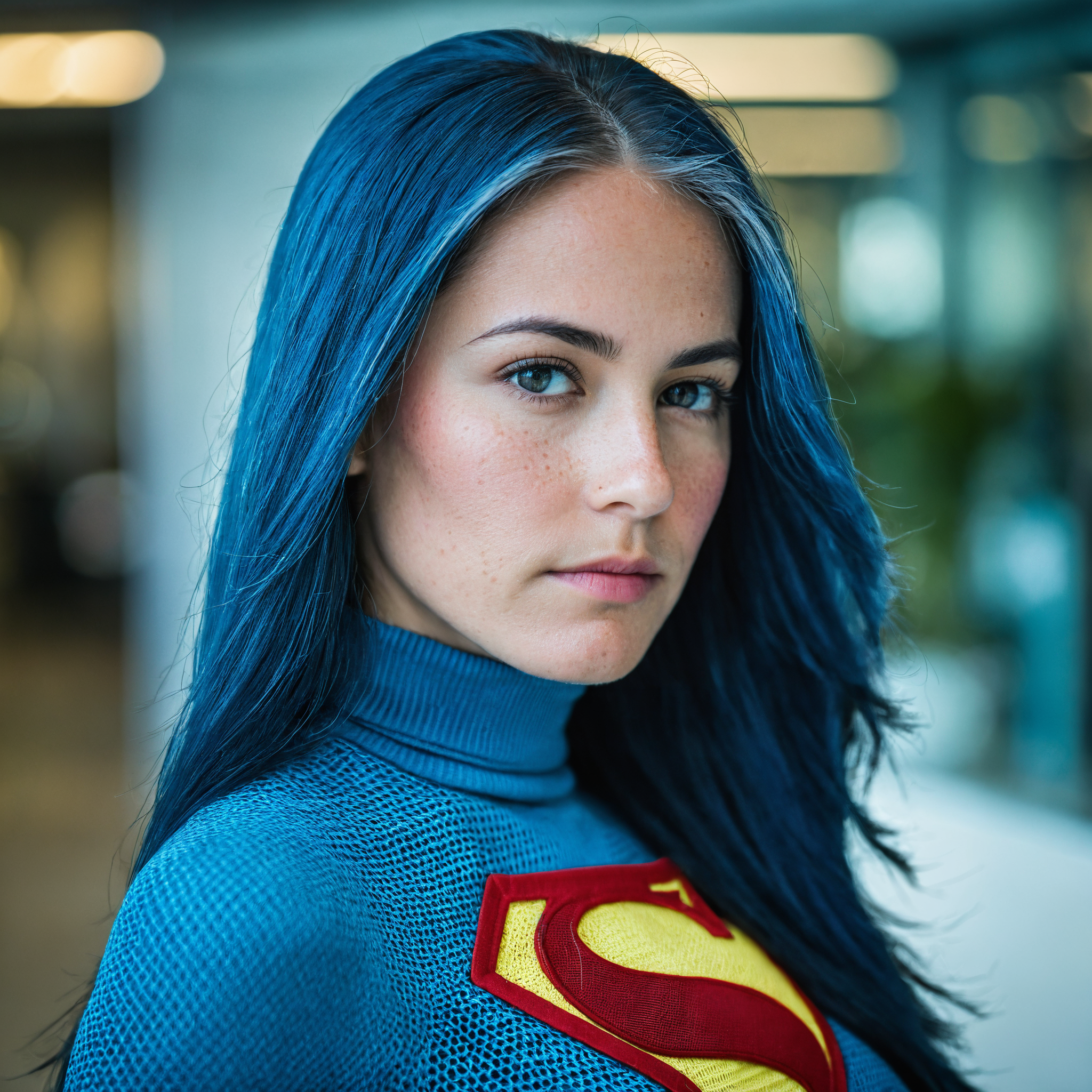 professional portrait photograph of a female superhero with (long blue hair), (wearing a superhero costume themed turtleneck:1.2), (in an office lobby:1.2), summer <lora:DetailedEyes_V3:0.8> (pores:0.5) (freckles:0.2) (bokeh:0.2)