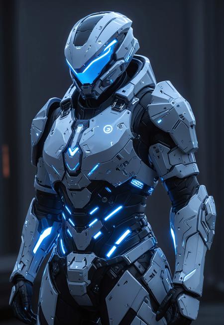 safe_pos, (masterpiece, ultra-detailed, best quality), 

1girl, solo, angular edges, and a streamlined silhouette. The armor showcases intricate details, exposed servo motors, hydraulic pistons, glowing power conduits, and flexible plating for mobility. The chest piece is reinforced with glowing inlays, while the shoulders and gauntlets feature articulated armor segments connected by visible mechanical pivots and servos.

The leg armor includes sleek greaves with embedded pistons, adjustable braces, and mechanical joints for enhanced agility. Vents and exhaust ports are integrated across the design, emphasizing functionality. The color scheme blends polished silver and dark gunmetal with glowing blue light strips, creating a bold contrast. Textures include subtle wear marks, futuristic engravings, and a highly detailed surface finish.

Cinematic lighting highlights the armor’s contours, exuding power and elegance. A high-tech, dystopian game character concept, ultra-detailed, sci-fi realism, futuristic design, and concept art style. Ultra-high detail, concept art style, cinematic lighting, photorealistic textures, sci-fi realism, game character concept, futuristic design 