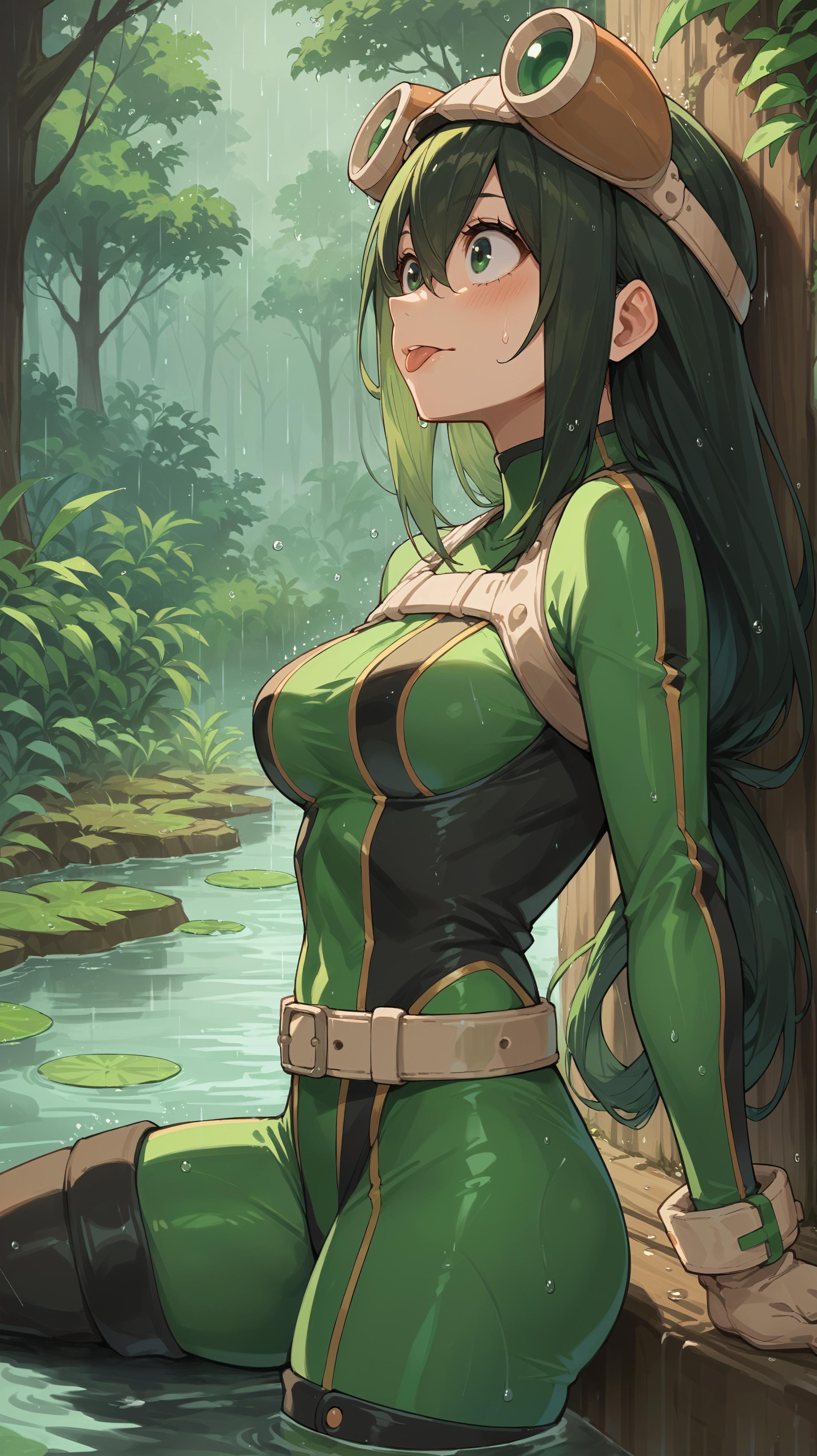 score_9,score_8_up,score_7_up,score_6_up, source_anime, zPDXL3, <lora:xl_more_art-full_v1:0.5>, girl, dynamic pose, leaning back against a wall, <lora:Tsuyu Asui (Froppy) - Pony-000004:0.8>, long hair, green hair, low tied hair, hair rings, green eyes, green bodysuit, black bodysuit, multicolored bodysuit, skintight, goggles, goggles on head, gloves, belt, large eyes, tongue, rainforest, pond, raining, water drops, rain,