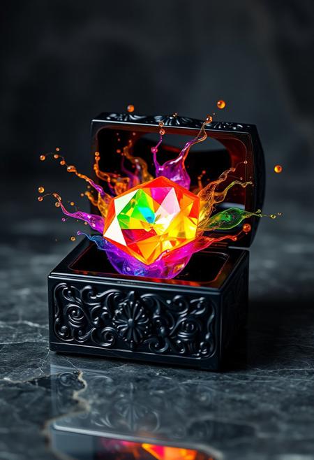 A black onyx jewelry box, its surface adorned with intricate, swirling patterns, lies open, revealing a rainbow-colored gemstone resting inside. The gemstone, a mythical jewel of unparalleled beauty, seems to pulse with an inner light, as if it contains the very essence of the rainbow. As it radiates its energy, the gemstone forms an explosion of liquid colors around itself, a kaleidoscope of hues that swirl and dance in a mesmerizing display. Every detail of the scene is meticulously rendered, from the delicate, faceted edges of the gemstone to the tiny, shimmering droplets of color that seem to emanate from its surface. The overall effect is one of breathtaking, surreal wonder, as if this mythical jewel has unleashed a torrent of color and light into the world. highest-Quality, intricate details, visually stunning, Masterpiece