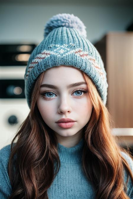 photo of (r3natavall:0.99), a beautiful woman, closeup portrait, perfect hair, (modern photo, Pale Blue Fair Isle knit hat), 24mm, (analog, cinematic, film grain:1.3), (kitchen:1.2), detailed eyes, (seductive pose), (epicPhoto), (looking at viewer)