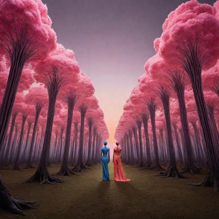 A surrealistic fusion of Reuben Wu's ethereal landscapes with Nick Knight's hyper-realistic models. A Synthetic forest of barcode trees, where creatures with Taro Okamoto's biomechanical limbs frolic and play. The sun sets in vibrant, electric hues, casting long, synthetic shadows that distort the Sharp Focus images of the models. In the distance, a satellite hovers, projecting old school designs onto the landscape, OverallDetail