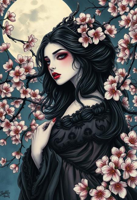 Cherry blossoms and the moon, surrealism, melancholic atmosphere, dark fantasy, hyper-detailed linework, expressive female figures, vibrant color palette, gothic surreal, soft lighting, intricate costume design, mythological themes, symbolic imagery, emotional tension, baroque elements, delicate textures, graphic novel style, fine ink lines, contemporary surreal art, layered compositions