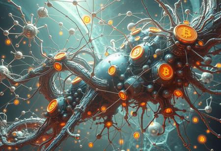 Generate a futuristic, biomechanical illustration of a sprawling, organic network, visualizing the collective consciousness of Bitcoin users, miners, and nodes as a vibrant, pulsing entity with interconnected nodes and tendrils, incorporating metallic and crystalline structures, with a sense of dynamic movement and flow, and subtle, glowing effects to convey energy and activity. Use high resolution, 1024x1024 or higher, and employ advanced anti-aliasing techniques. Add subtle, gradient effects to create depth and dimensionality. Incorporate biomechanical elements and experiment with different colors and textures. Refine and enhance the image with sharpening, contrast adjustment, and other post-processing techniques. Visualize nodes and tendrils as pulsing, dynamic entities with movement and flow.