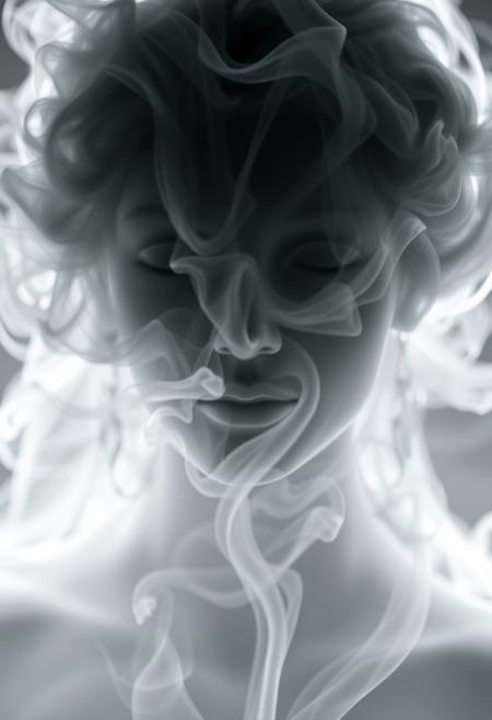 close up shot, The image features a smoke-like representation close up shot of a beautiful woman, which appears to be a white and gray woman. The smoke is billowing upwards, creating a visually striking and artistic effect. The smoke is so dense and well-formed that it resembles the shape of a beautiful goddess, making it an interesting and unique sight. This artistic representation of a goddess using smoke adds a creative and captivating element to the scene. hyper realistic, transparent,