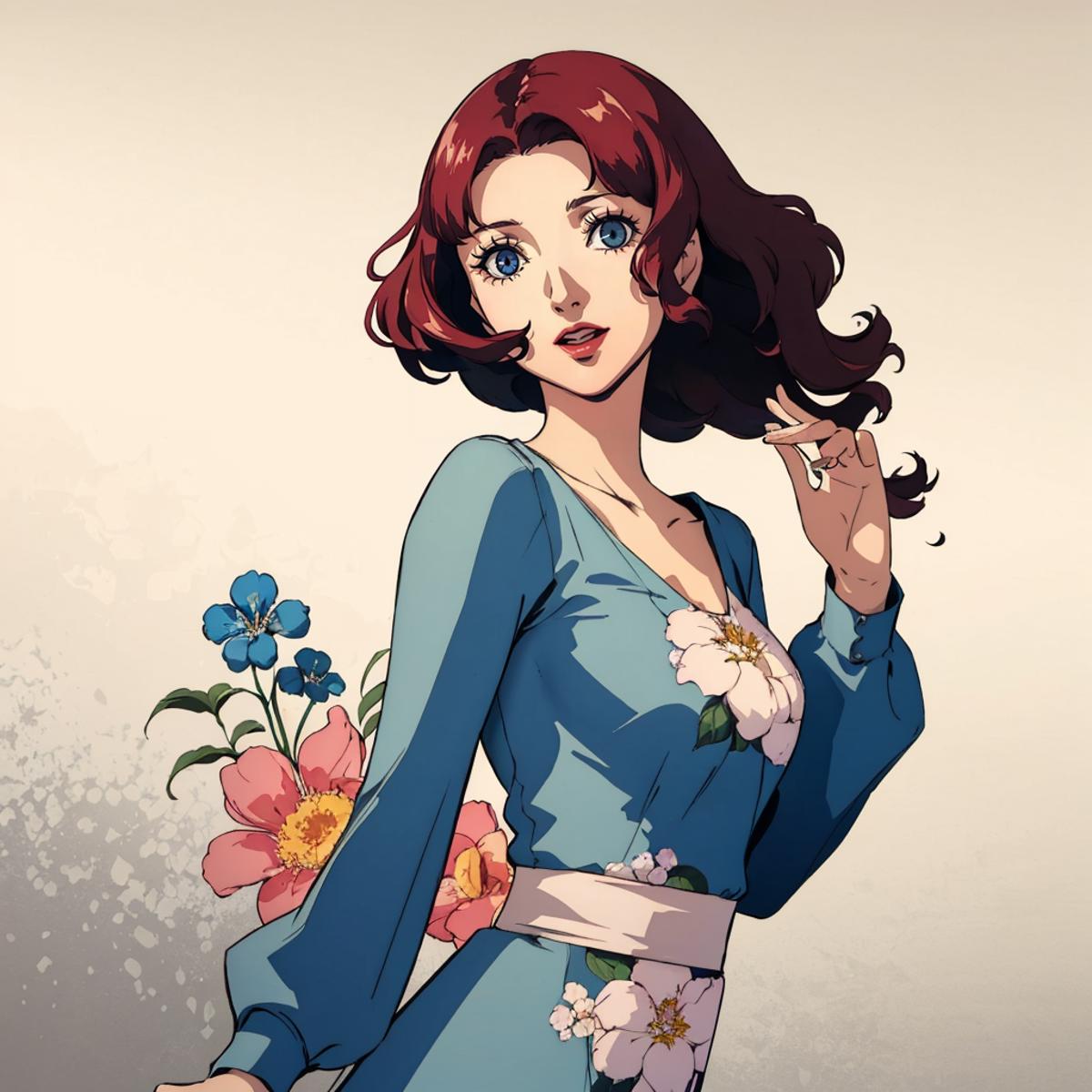 Anime Style Drawing of a Woman with Flowers in Her Hair and Blue Eyes.
