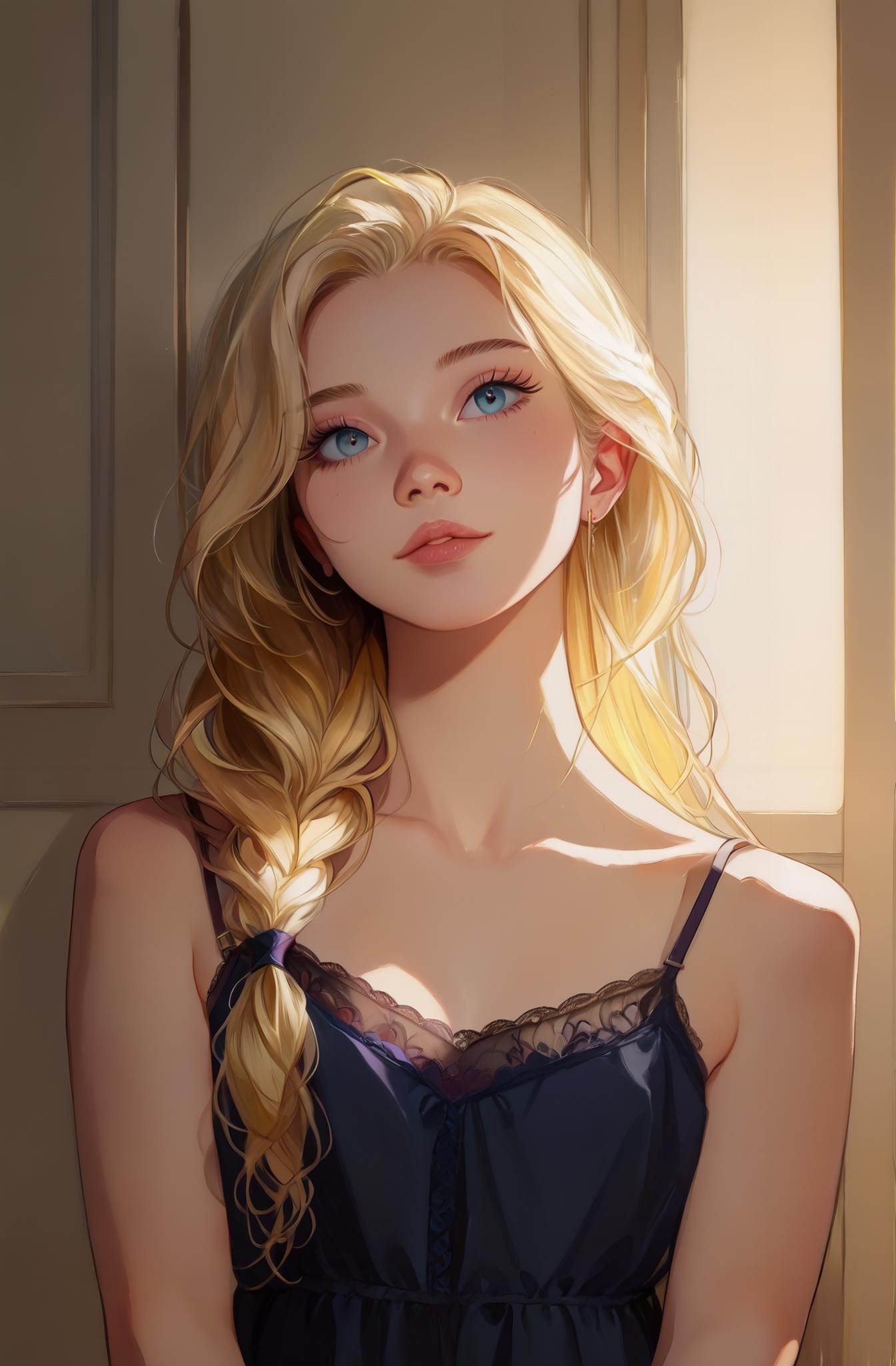 score_9, score_8_up, score_7_up, score_6_up, ultra highres, absurdres, (realistic face, best quality, ultra detailed),8k, Exquisite color design, 
cute eyes, kawai, blonde hair, low-tied long hair, puffy black lips, lace camisole, transparent camisole,
highly detailed, intricate details in hair, masterpiece, best quality, perfect lighting
<lora:S1_Dramatic_Lighting_v2:0.3> s1_dram <lora:incase-ilff-v3-4:0.25> <lora:kurtzXLP:1> kurtz <lora:JohnKafkaXLP:1> <lora:Watercolor Anime Style LoRA_Pony XL v6:0.6>