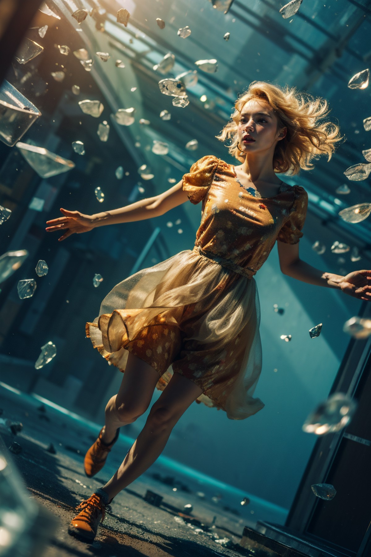 Best quality,masterpiece,ultra high res,(photorealistic:1.4),dutch angle,zhui,1girl,solo,dress,shoes,lips,falling,glass,br...