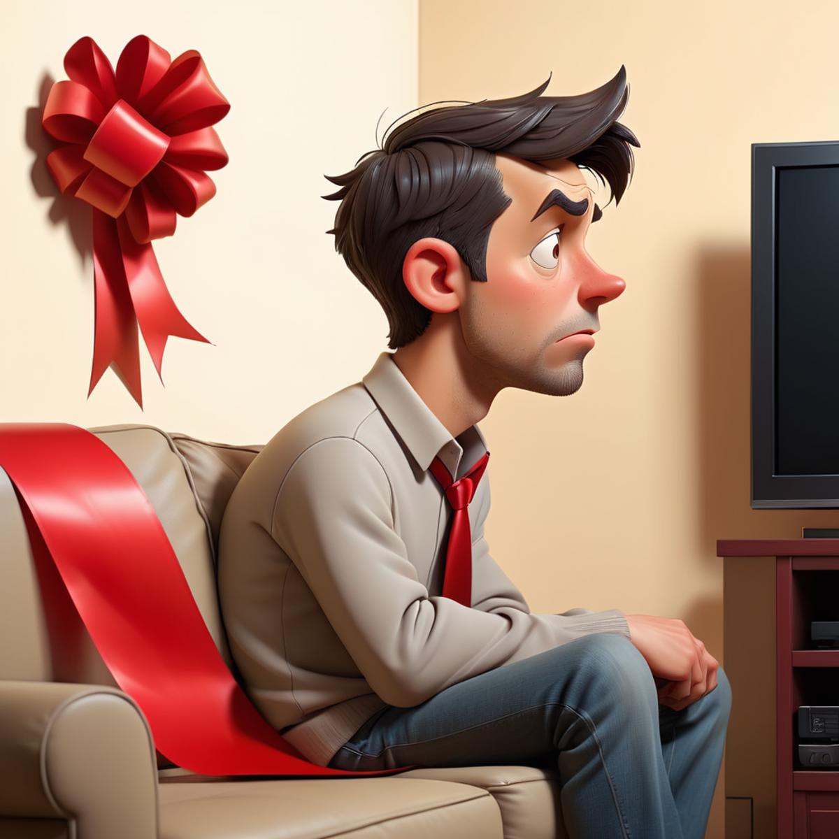 A man wearing a red tie is sitting in a chair and looking at a TV.