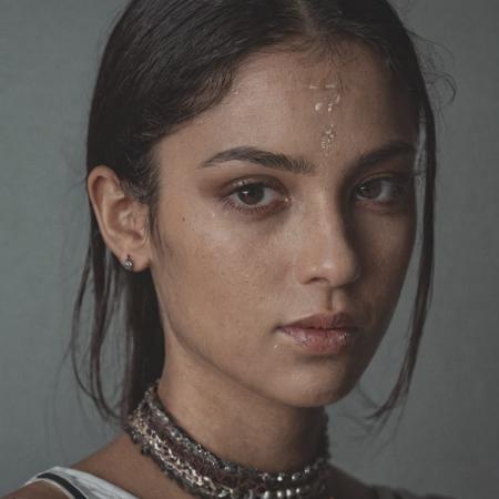 An establishing shot featuring a front pose portrait of an Indian model in studio photography. The subject, known as No-one12, portrays a charismatic cyberpunk woman with powerful presence and dark brown eyes. Employ analog photography techniques to convey a sense of authenticity and depth to the image. Utilize underexposure and ambient lighting to enhance the dramatic effect, while vivid vibrant colors and prismatic iridescent hues add a futuristic flair. Employ chiaroscuro and hard light to create dynamic contrasts and shadows, adding depth and dimension to the portrait. The final result should be suitable for a magazine cover, showcasing the model's unique style and character. Shot on a Canon R5 with HDR10 capabilities to ensure high-quality detail and dynamic range.