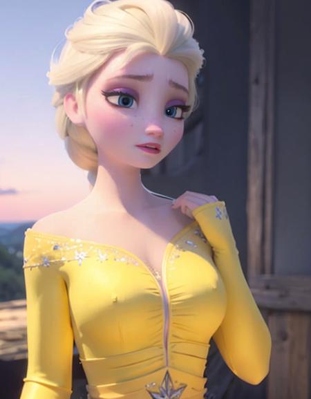 elsa,(yellow dress:1.3),half of clothes,makeup,detail face,blush,purple eyeshadow, upper body, <lora:elsa-fullbody-v1:0.1>,<lora:elsa-face-v1:0.95> ,  simple background, looking one side,