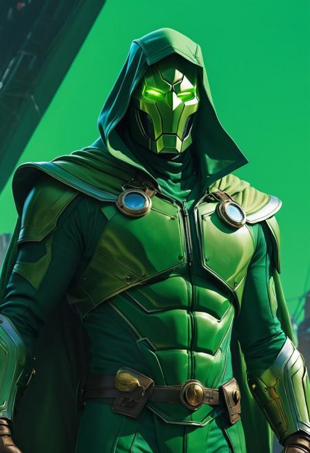 Victor Von Doom wearing a 1970's green suit, is the seventh son of a seventh son, born at 7 a.m. on Saturday, July 7, the seventh day of the week, the seventh day of the seventh month in 1917, intense lighting with heavy shadows. best quality, 8k resolution, hyperrealistic textures, meticulous attention to detail, magnificent intricate artwork, inspiration from Ash Thorp and Simon Stalenhag.