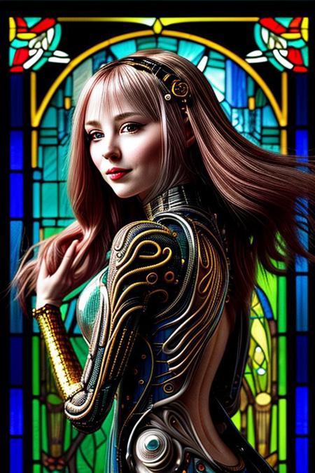 A humanoid AI represented in Art Nouveau style, with intricate, flowing lines and decorative patterns. She has a serene expression, her hair a cascade of metallic threads intertwined with floral motifs. Her body is partly robotic, with gold and pearl accents, seamlessly blending with organic forms. The background is a stained-glass-style design, featuring celestial and floral imagery. Art style: detailed, ornamental, and vintage-inspired.