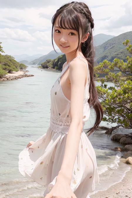 (4k, best quality), (realistic, photo-realistic),1girl, solo,(upper body),close-up,ponytail, 
long_hair,  black_hair,
beautiful detailed eyes, (smile),(looking at viewer),(perfect hands),perfect skin,
slender,
sunny, river,mountain,blue sky, <lora:remu_hayami_v10:0.7>