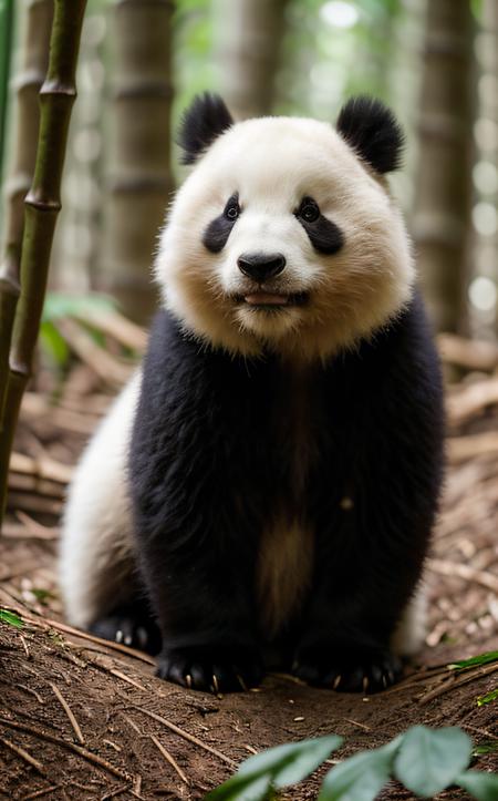 cinematic film still (top-quality, 8K, masterpiece:1.3) A photo of round, baby panda, munching on bamboo, wearing a little hat, in a bamboo forest, taken with a telephoto lens, highly detailed, detailed fur, dappled sunlight
 <lora:epi_noiseoffset2:1> . shallow depth of field, vignette, highly detailed, high budget, bokeh, cinemascope, moody, epic, gorgeous, film grain, grainy