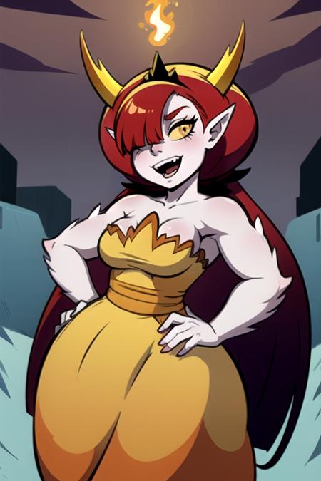 <lora:hekapoo:0.8> hekapooo, 1girl, solo, long hair, breasts, smile, open mouth, dress, bare shoulders, very long hair, yellow eyes, red hair, horns, pointy ears, fang, hair over one eye, hand on hip, strapless, colored skin, fangs, demon girl, fire, tiara, monster girl, strapless dress, personification, colored sclera, fake horns, yellow dress, grey skin, scissors, yellow sclera