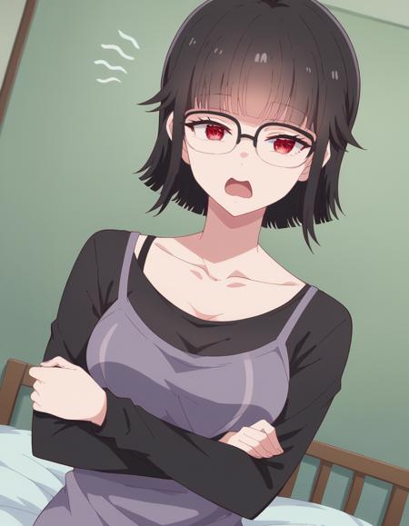 kaho fujinami, short hair, bangs, black hair, red eyes, glasses, blunt bangs, medium breasts, shirt, long sleeves, collarbone, black shirt, camisole,