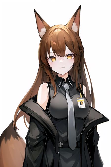 (high quality, high resolution:1.3), 4k, masterpiece, 
BREAK
1girl,  <lora:Franka:0.85>, Franka, 1girl, animal ears, upper body, fox ears, brown hair, tail, yellow eyes, necktie, shirt, sleeveless shirt, grey necktie, off shoulder, jacket, smile, standing, id card, simple background, white background, <lora:NoiseOffset_v2:1.0><lora:NoiseOffset_v2:1.0><lora:NoiseOffset_v2:1.0>