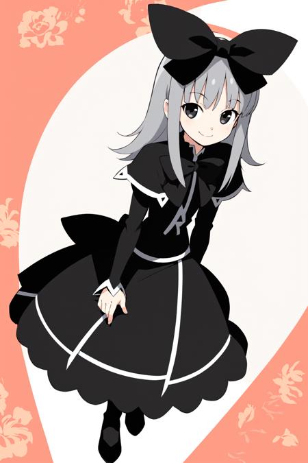 coopa, 1girl, solo, long hair, grey_hair, black eyes,  dress, bow, ribbon,  hair bow, smile, flowers, park