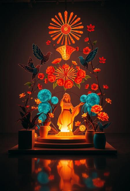 A high-resolution stock photo depicting a creative light art installation of a space of prayer, featuring a polished modernist sculpture, mathematical logic, intense mood, birds and flowers, high contrast, bold stylized characters, loose dynamic brushwork, warm terracotta and cool teal colors, artistic lighting, abstract patterns, and professional quality.
