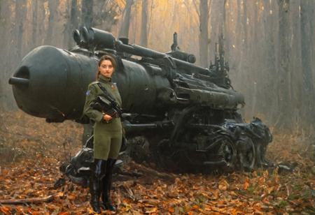 A determined female soldier with long brown hair in a bun, dressed in an olive green Soviet military uniform and black high boots, poses with a futuristic war machine in an autumn forest. She leans against the war machine, reading a map or document. The setting is dramatic, with the soft natural light filtering through the orange-leaved trees, highlighting the contrast between the character and the massive black war machine equipped with a cannon and advanced technology. The image captures a sense of intensity and readiness for battle, set in a picturesque yet tense environment.John Berkey Style page