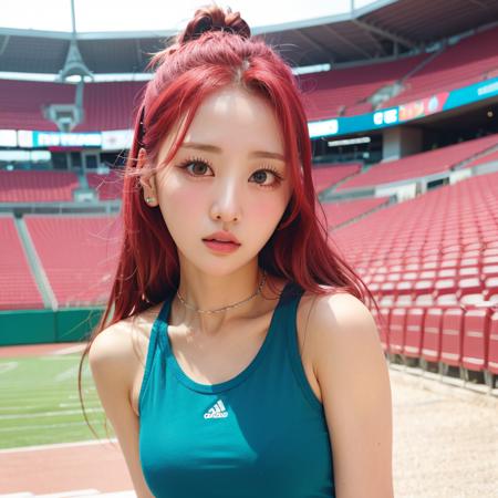 masterpiece, best quality, kodak portra, realistic, photorealistic,ultra detailed,woman,1girl,solo, portrait, beautiful blue sky, gorgeous expression, 8k, brown eyes, detailed eyes, detailed iris, medium breast, wearing tanktop, in a empty stadium yves, looking at viewer, <lora:v1-loonayves:0.8>