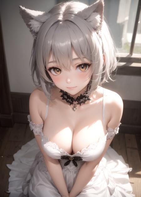 masterpiece, best quality, 1girl, animal ears, wolf girl, :3, cleavage, dress, from above, brown eyes, short hair, grey hair,