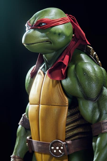 <lora:TMNTRaphael-10:0.8>(RAW photo, real life, absurdres, high quality, photorealistic, detailed, realistic:1.3), (solo:1.3), a high resolution photo of a TMNTRaphael, comic book art, illustration, a teenage mutant ninja turtle with a red bandana mask with eye-holes standing in a dark room with a light shining on him, cinematic, atmospheric, 8k, realistic lighting, shot by Hassleblad H6D, Zeiss, Kodachrome, nikon, 50mm 1.2 lens, Octane Render, ultra realistic, realistic lighting, photorealistic, photorealism, photoreal, unreal engine 5, Adobe After FX, highly detailed, intricate detail