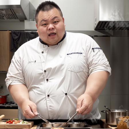 fat,whoami,Capture the lively scene of a chubby Western chef cooking in a kitchen. The chef should be hyper-realistic, with a high level of detail and resolution. The focus should be on the chef, his expressive face, and his hands skillfully preparing the food. The lighting should be bright and warm, highlighting the chef and the food he's preparing. The colors should be rich and appetizing, with the chef's outfit contrasting with the colorful ingredients and the stainless steel of the kitchen. The composition should be a mid-shot, capturing the chef and his cooking in sharp detail. Use a high-quality camera with a fast shutter speed to capture the moment