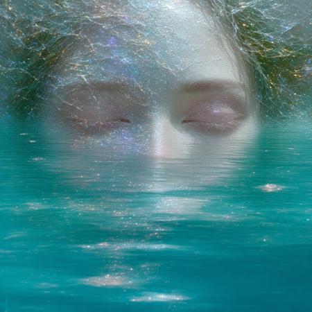 A colossal, androgynous face dissolves into a pristine alpine lake, its rippling silver surface fracturing into kaleidoscopic shards that bloom like liquid stained glass (low-angle view, face occupying 2/3 frame, dwarfed by jagged violet mountains). In the style of Salvador Dalí's dreamscapes fused with Leonid Afremov's impasto vibrancy: iridescent teal waters swirl with peacock blues and molten gold, while dawn's axial light casts prismatic halos through suspended mist. Velvet-textured cherry blossoms float atop mercury-like liquid, their petals mirroring eyelashes. Submerged clock gears glint beneath the surface, warping the reflection's jawline into cascading rubies. Air hums with chromatic aberration, skin tones shifting moss-green to coral where droplets kiss the water.