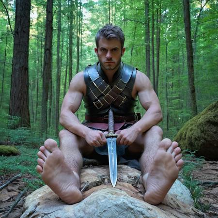 footpose, a highly detailed full shot of noble swordman sitting  on rocks in a forest, male soles,solo in fantasy world,nicely posed,  foot focus,body symmetry,  barefoot,inspired by crusaders,  shallow depth of field, male foot, high budget, moody, epic, gorgeous, film grain, colorful, toes <lora:footpose-11v_sdxl_lora-000028:1>