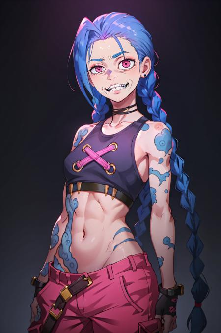 <lora:Char - Jinx:0.2>, jinx, crazy eyes, pink eyes, blue hair, twin braids, long hair, <lora:uneven eyes:0.7> uneven eyes, wide-eyed, wide_eyed, crazy, evil smile,