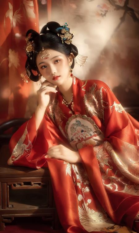 A captivating photograph of a girl dressed in exquisite tang clothes, laying gracefully on a traditional Chinese bed. With one hand gently supporting her head and the other holding a delicate fan, she exudes an aura of timeless elegance. The background is adorned with flowing red translucent curtains, casting a soft, ethereal glow. The scene is artistically composed with creative lighting and misty smoke effects, creating a dreamlike atmosphere. The girl's expression is serene and introspective, as if lost in thought. This imaginative portrayal evokes a sense of tranquil beauty and cultural richness.