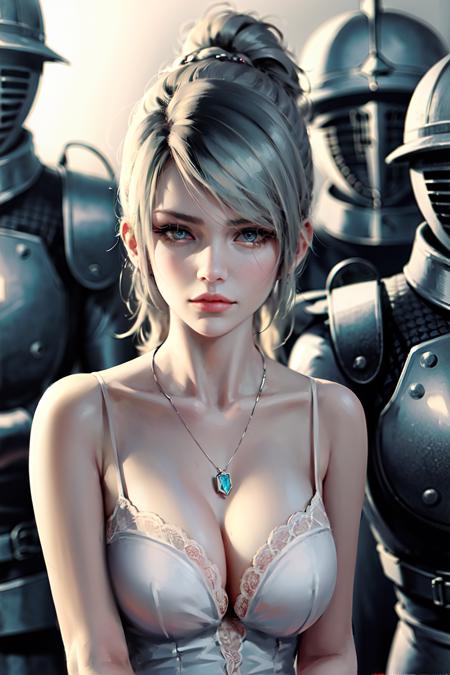 wlop, 1girl, backlighting, bare shoulders, blue eyes, blurry, closed mouth, collarbone, depth of field, dress, expressionless, final fantasy, final fantasy xv, green hair, highres, jewelry, knight, looking at viewer, (lunafreya nox fleuret), necklace, pendant, pink lips, ponytail, short hair, sleeveless, sleeveless dress, solo focus, upper body, white dress

<lora:wlop-000030:0.6>