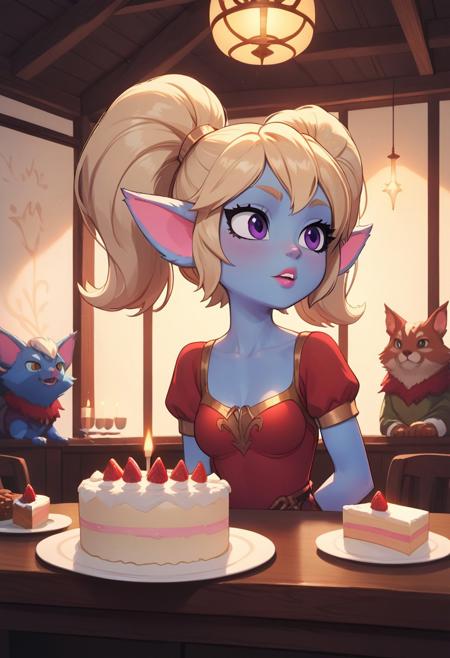 score_9, score_8_up, score_7_up, score_6_up, score_5_up, score_4_up,masterpiece, high quality, (best quality:1.1),(detailed eyes:1.2), beautiful, detailed background,( perfect eyes:1.2),source_anime, very aesthetic, anime screencap, anime coloring,source_furry,
many people,sitting for the table,cake on the table, candles with the number 400,
tall girl,Poppy,lol,yordle,colored skin, blue skin,glossy skin, glossy body,deep skin,blonde hair,long hair,twintails,fluffy hair,fluffy ears,purple eyes,toned, long eyelashes,
festive dress,festive hat,pink lipstick,
indoors,holiday,room,long table,festive atmosphere