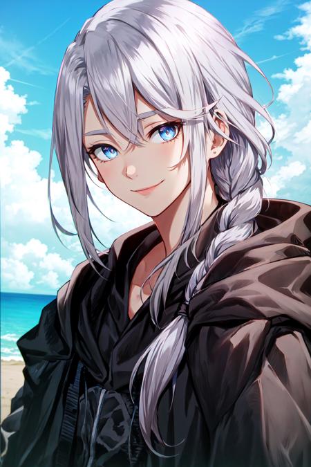 Hythlodaeus,  asymmetrical hair,  bangs,  black robe,  blue eyes,  braided ponytail,  closed mouth,  day,  grey eyes,  grey hair,  hair over shoulder,  hood,  looking at viewer,  outdoors,  portrait,  realistic,  robe,  side braid,  single braid,  sky,  smile,  solo,  swept bangs,  upper body,  1boy,  male focus,  solo focus, <lora:EMS-51663-EMS:0.800000>