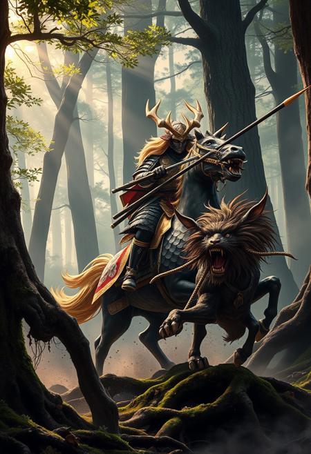 A Samurai in Full Armour with Mask and Swords, ornate, battle-worn armor rides atop a majestic Kirin through a misty Japanese forest. The Kirin’s scales resemble dark lacquer edged with shimmering gold, giving it a regal, polished appearance. Its large, elk-like antlers gleam in gold and silver, catching the dappled sunlight breaking through the dense canopy. The Kirin’s golden mane flows like liquid fire as it charges forward with an aura of divine power. The Samurai, gripping a long Japanese spear (Yari), delivers a decisive strike to a Demonic (hkwarrior) with wild hair and sharp claws, mid-attack. The forest is alive with towering trees, moss-covered roots, and swirling mist, framing the dramatic and mystical battle. Kodama, can be seen peeking from the branches of trees and on the ground,
