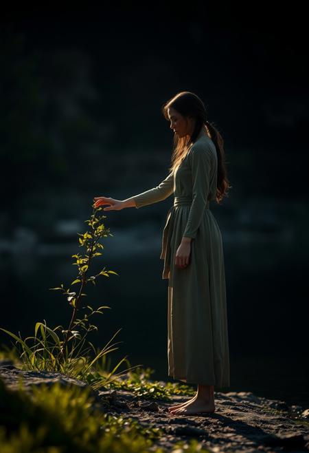 lone roguish female figure, standing, reaching out to touch a plant, stone, or water, connecting with nature, soft light, serene atmosphere, grounded, candid, subtle expression, lost in thought, engaging with surroundings, quiet action, (captured naturally:1.2), unplanned moment, peaceful, connection to nature, cinematic, (detailed background:1.3), natural light, dramatic lighting, depth of field, (photorealism:1.4), 8k UHD, (blurry:-1.3), (lowres:-1.5), (ugly:-1.2), (mutated:-1.4), (worst quality:-1.4), (bad anatomy:-1.3), (cartoon:-1.1), (sketch:-1.1), (distorted proportions:-1.3), (extra limbs:-1.5), (cgi:-1.4)