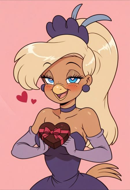 Goldie, big hair, beak, bird girl, solo, blonde hair,bird  girl, long hair,1girl, solo, furry, dress,long hair, pink background,fur, furry female, gloves, teeth, holding,fur, bird tail,blonde hair, blush,fur, body fur, elbow gloves, simple background, happy, smile, heart, open mouth,bird tail, bare shoulders,bird girl, purple dress, looking at viewer, half-closed eyes, puffy sleeves,blue eyes, snout, jewelry, purple gloves, earrings, short sleeves, puffy short sleeves, valentine, fur, pink gloves, white pupils, chocolate, food, bright pupils, upper body, heart-shaped box, strapless, candy, cropped torso
score_9, score_8_up, score_7_up, score_6_up <lora:GoldieRockaPony1.0:0.8>