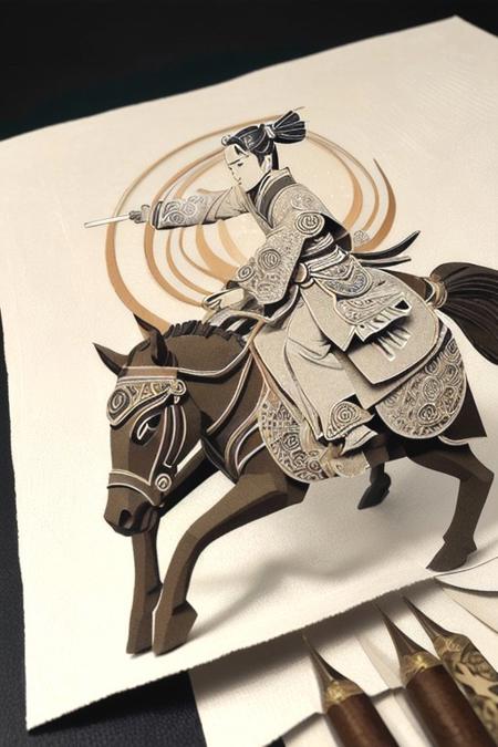 A beautiful and artistic paper cutout composition depicting a samurai warrior on a horse in an elegant, handcrafted style. The compositions are intricately cut from high-quality textured paper, with soft shadows cast onto the background, adding depth and dimension. Surrounding the samurai warrior are delicate paper cutout bonsai, and swirling decorative elements, creating a sense of traditional japanese art and craftsmanship. The lighting is soft and warm, enhancing the texture of the paper and giving the scene a handmade aesthetic. The background is a pale rising sun in a softly blurred gradient to keep the focus on the intricate details of the paper art.